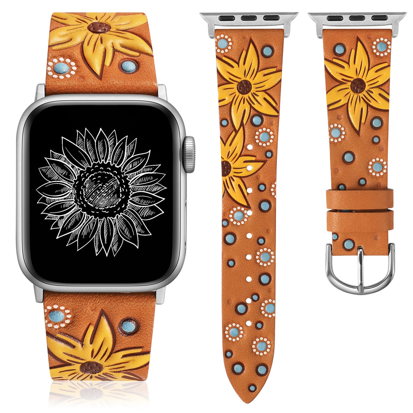 Minyee Leather Band Compatible with Apple Watch Band 41/40/38/44/45/46/49/42mm Women, Boho Western Embossed Sunflower Floral Designer Leather Strap for iWatch Series 10 9 8 7 6 5 4 3 2 1 SE Ultra 2