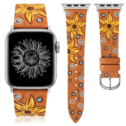 Minyee Leather Band Compatible with Apple Watch Band 41/40/38/44/45/46/49/42mm Women, Boho Western Embossed Sunflower Floral Designer Leather Strap for iWatch Series 10 9 8 7 6 5 4 3 2 1 SE Ultra 2