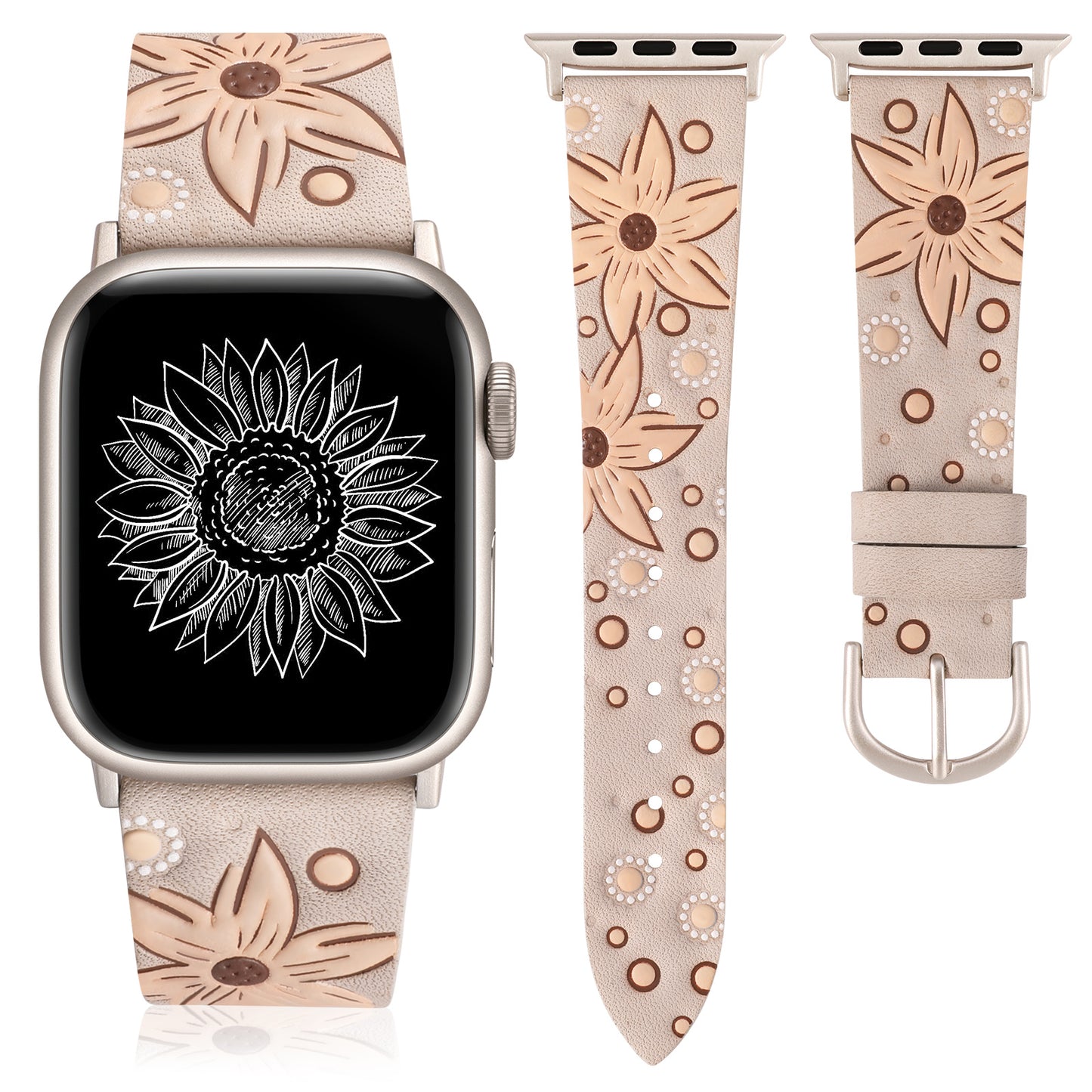 Minyee Leather Band Compatible with Apple Watch Band 41/40/38/44/45/46/49/42mm Women, Boho Western Embossed Sunflower Floral Designer Leather Strap for iWatch Series 10 9 8 7 6 5 4 3 2 1 SE Ultra 2