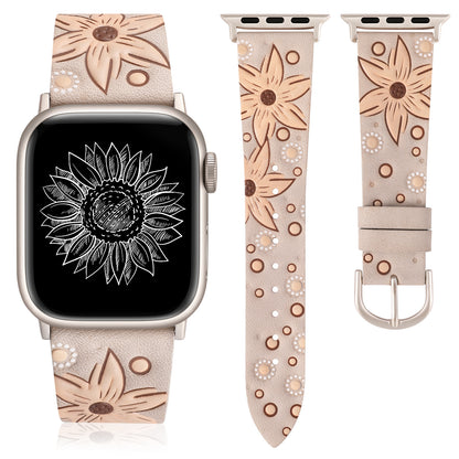 Minyee Leather Band Compatible with Apple Watch Band 41/40/38/44/45/46/49/42mm Women, Boho Western Embossed Sunflower Floral Designer Leather Strap for iWatch Series 10 9 8 7 6 5 4 3 2 1 SE Ultra 2