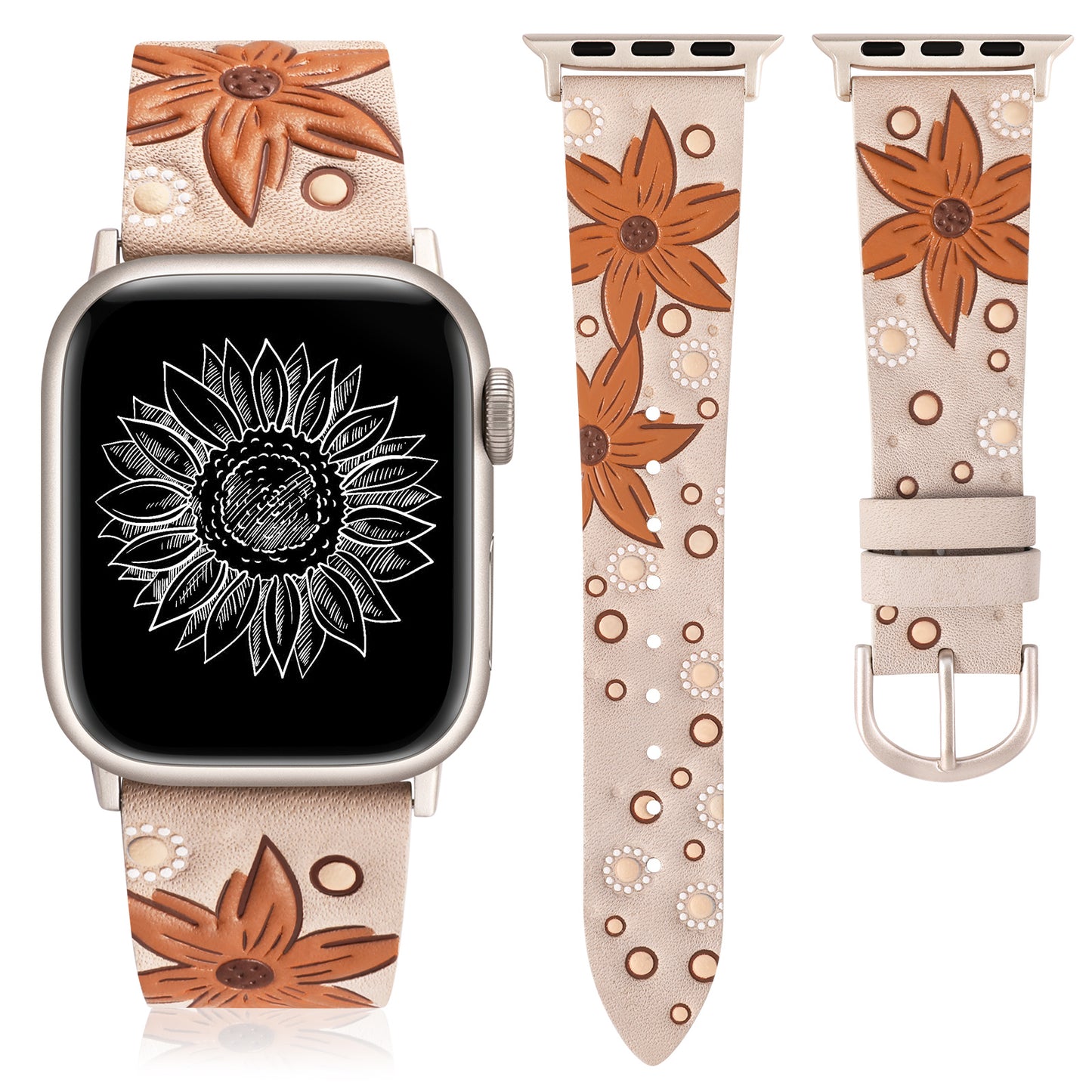 Minyee Leather Band Compatible with Apple Watch Band 41/40/38/44/45/46/49/42mm Women, Boho Western Embossed Sunflower Floral Designer Leather Strap for iWatch Series 10 9 8 7 6 5 4 3 2 1 SE Ultra 2