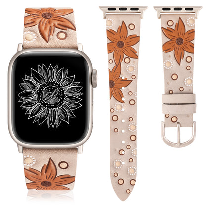 Minyee Leather Band Compatible with Apple Watch Band 41/40/38/44/45/46/49/42mm Women, Boho Western Embossed Sunflower Floral Designer Leather Strap for iWatch Series 10 9 8 7 6 5 4 3 2 1 SE Ultra 2