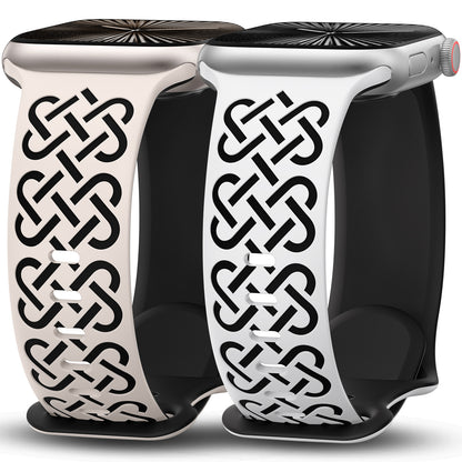 Minyee 2 Pack Engraved Bands Compatible with Apple Watch Band 38/40/41/42/44/45/46/49mm, Soft Silicone Cute Two-Tone Celtic Knot Pattern Sport Strap for iWatch Series 11 10 9 8 7 6 5 4 SE/Ultra 3 2 1