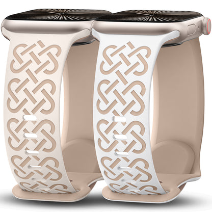 Minyee 2 Pack Engraved Bands Compatible with Apple Watch Band 38/40/41/42/44/45/46/49mm, Soft Silicone Cute Two-Tone Celtic Knot Pattern Sport Strap for iWatch Series 11 10 9 8 7 6 5 4 SE/Ultra 3 2 1