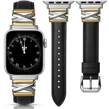 Minyee Leather Bands Compatible with Apple Watch 38/40/41/42/44/45/46/49mm Women, Dressy Slim Premium Leather Strap with Designer X-Shape Metal Buckle for iWatch Series 10 9 Ultra SE 8 7 6 5 4 3 2 1