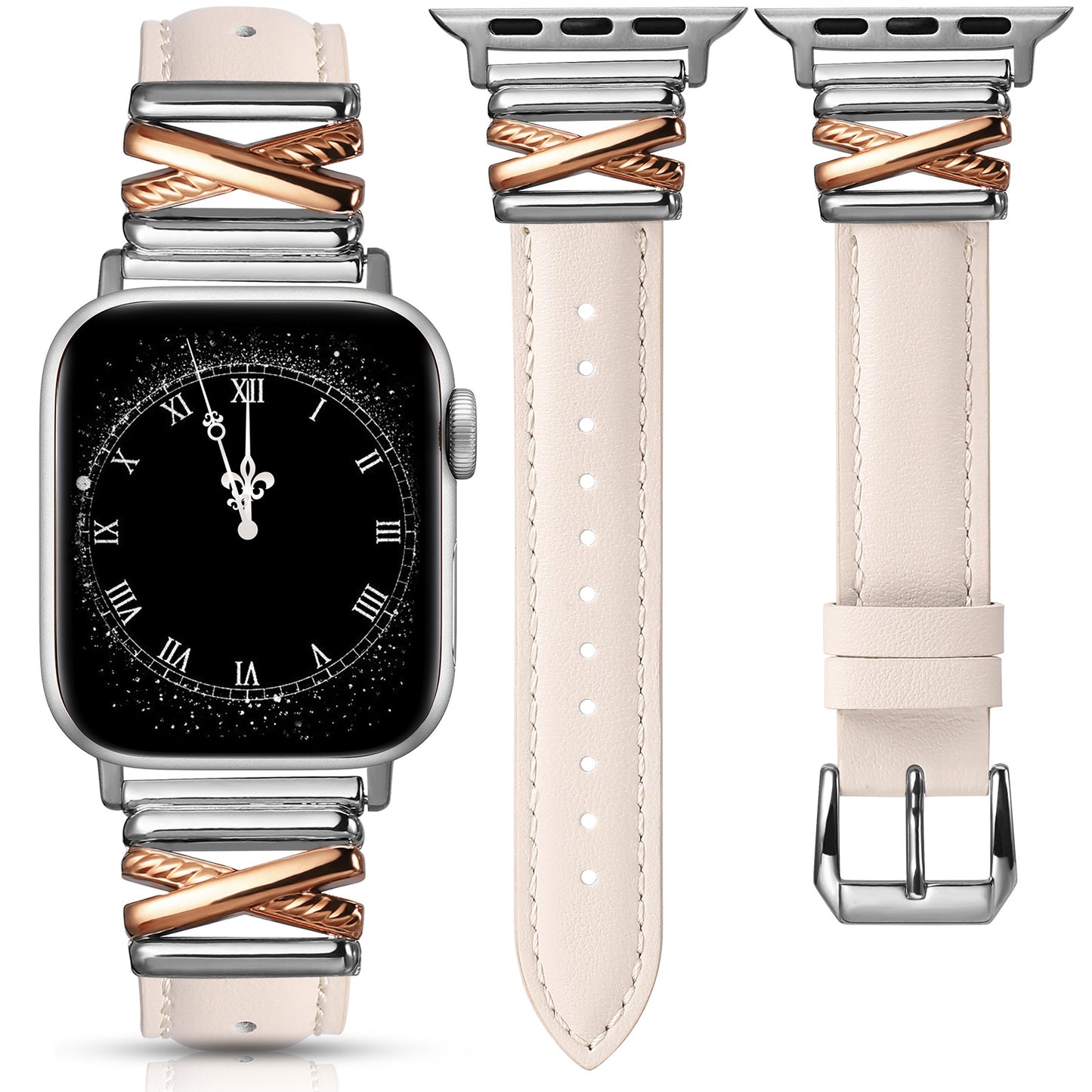 Minyee Leather Bands Compatible with Apple Watch 38/40/41/42/44/45/46/49mm Women, Dressy Slim Premium Leather Strap with Designer X-Shape Metal Buckle for iWatch Series 10 9 Ultra SE 8 7 6 5 4 3 2 1