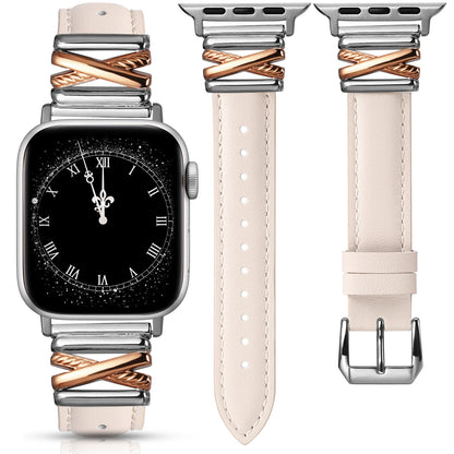 Minyee Leather Bands Compatible with Apple Watch 38/40/41/42/44/45/46/49mm Women, Dressy Slim Premium Leather Strap with Designer X-Shape Metal Buckle for iWatch Series 10 9 Ultra SE 8 7 6 5 4 3 2 1