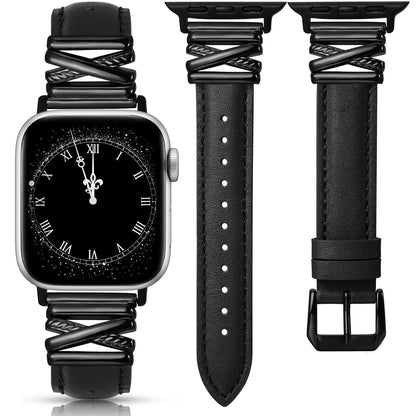 Minyee Leather Bands Compatible with Apple Watch 38/40/41/42/44/45/46/49mm Women, Dressy Slim Premium Leather Strap with Designer X-Shape Metal Buckle for iWatch Series 10 9 Ultra SE 8 7 6 5 4 3 2 1