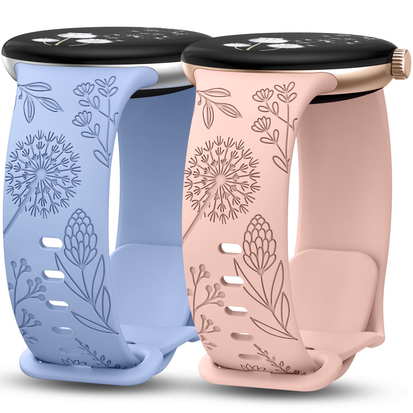 Minyee 2 Packs Floral Engraved Bands Compatible with Google Pixel Watch 3/4, Cute Soft Silicone Flower Sport Fancy Straps for Women