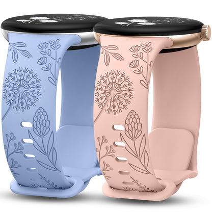Minyee 2 Packs Floral Engraved Bands Compatible with Google Pixel Watch 3/4, Cute Soft Silicone Flower Sport Fancy Straps for Women