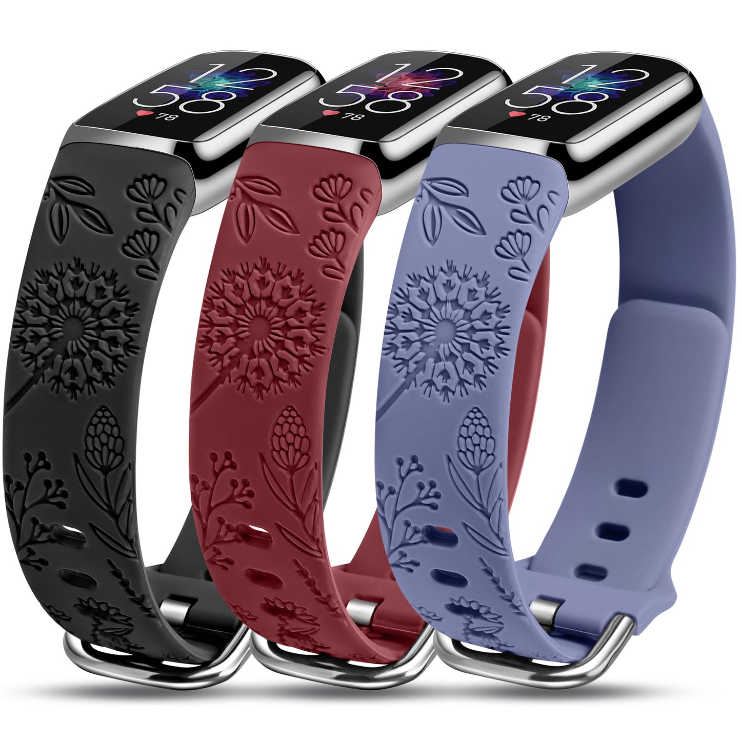 Minyee 3 Packs Compatible with Fitbit Luxe Bands for Women Soft Silicone Floral Engraved Sport Strap Dandelion Wristband Replacement for Fitbit Luxe Watch Bands/Luxe Special Edition Fitness Tracker