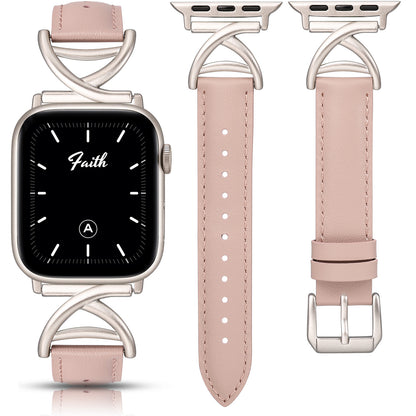 Minyee Leather Band Compatible with Apple Watch Bands 38/40/41/42/44/45/46/49mm Women, Slim Dressy Premium Leather Strap with A-Shape Metal Buckle for iWatch Series 10 9 Ultra SE 8 7 6 5 4 3 2 1