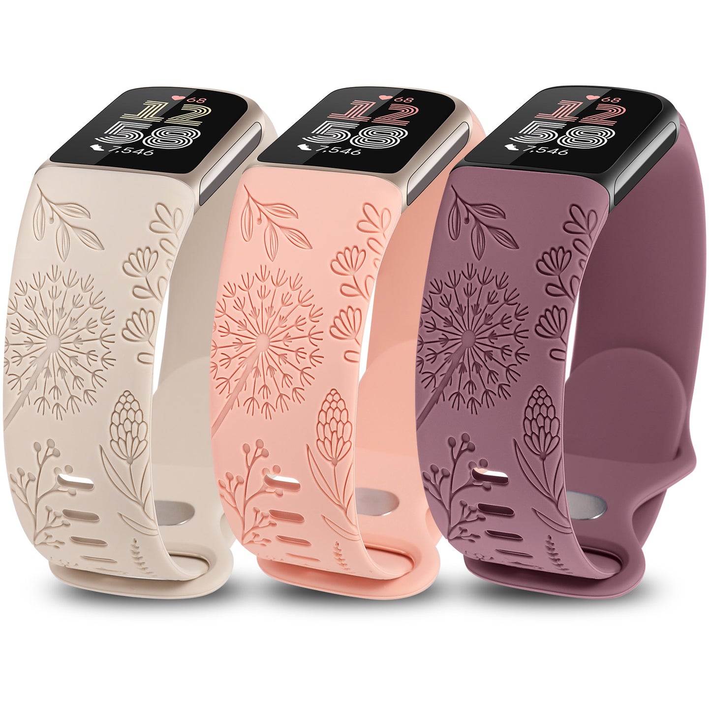 Minyee 3 Packs Floral Engraved Band Compatible with Fitbit Charge 6 Bands/Fitbit Charge 5 Bands Women, Cute Soft Silicone Dandelion Flower Pattern Sport Designer Fancy Summer Strap for Charge 6/5