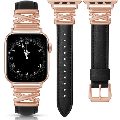 Minyee Leather Bands Compatible with Apple Watch 38/40/41/42/44/45/46/49mm Women, Dressy Slim Premium Leather Strap with Designer X-Shape Metal Buckle for iWatch Series 10 9 Ultra SE 8 7 6 5 4 3 2 1
