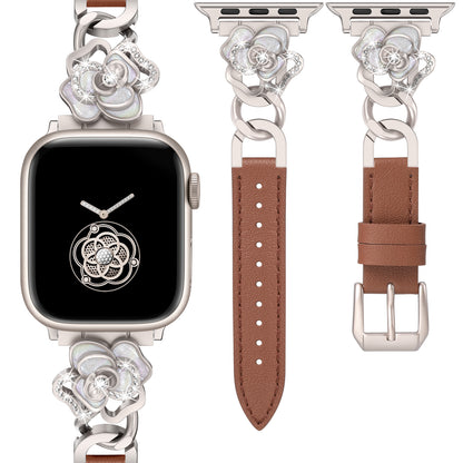 Minyee Compatible with Apple Watch Band 41/40/38/44/45/46/49/42mm Women, Dressy Slim Elegant Leather Metal Link Chain Strap with Bling Camellia Charms for iWatch Ultra 2 Series 10/9/8/7/6/5/4/3/2/1/SE