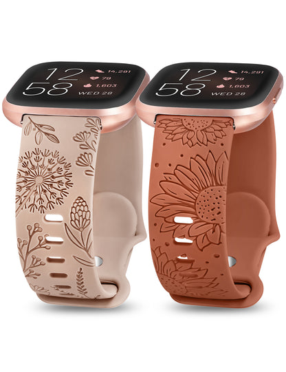 Minyee 2 Packs Floral Engraved Band Compatible with Fitbit Versa 2/Fitbit Versa/Versa Lite Bands Women, Cute Soft Silicone Sunflower Dandelion Sport Designer Fancy Summer Strap for Versa 2 Smart Watch