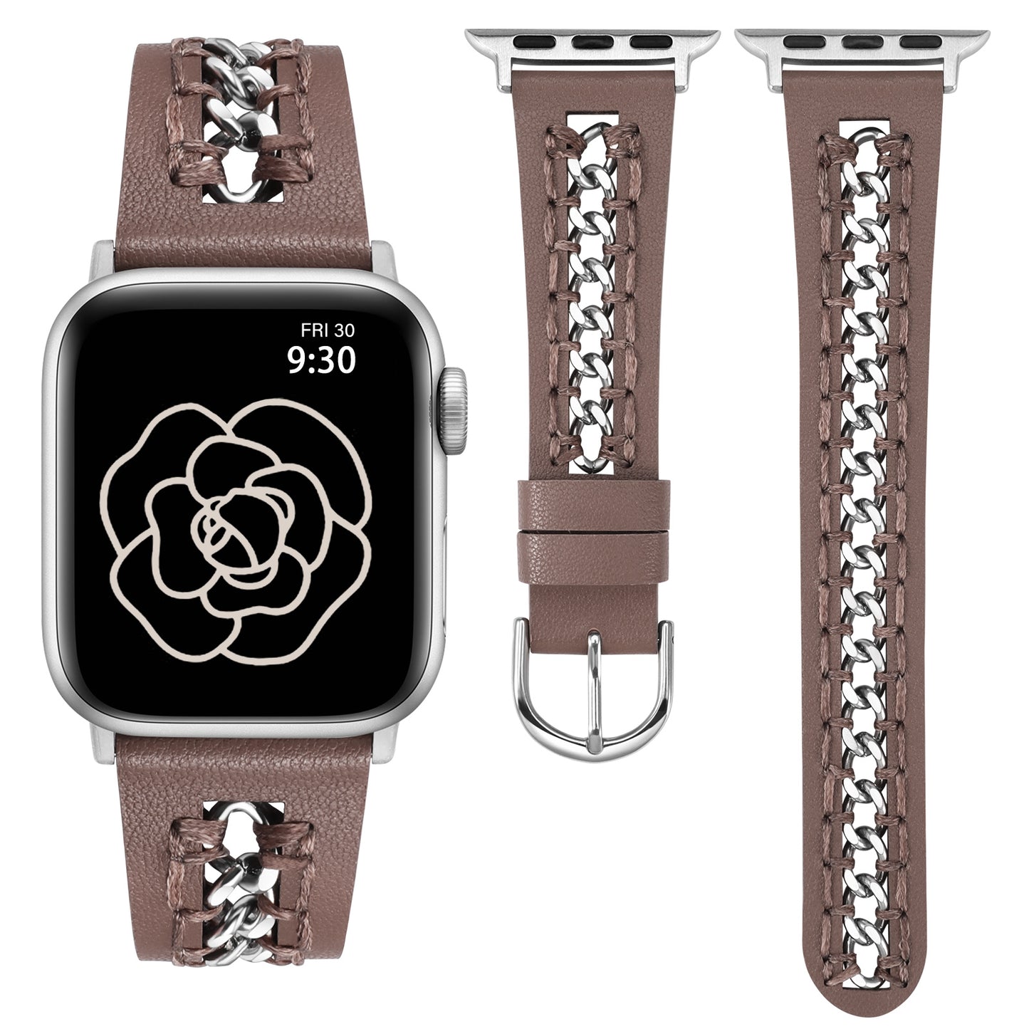Minyee Leather Band Compatible with Apple Watch Bands 38/40/41/42/44/45/46/49mm Women,Dressy Premium Leather Strap with Stainless Steel Metal Chain for iWatch Ultra 2 Series 10/9/8/7/6/5/4/3/2/1/SE