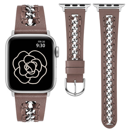 Minyee Leather Band Compatible with Apple Watch Bands 38/40/41/42/44/45/46/49mm Women,Dressy Premium Leather Strap with Stainless Steel Metal Chain for iWatch Ultra 2 Series 10/9/8/7/6/5/4/3/2/1/SE