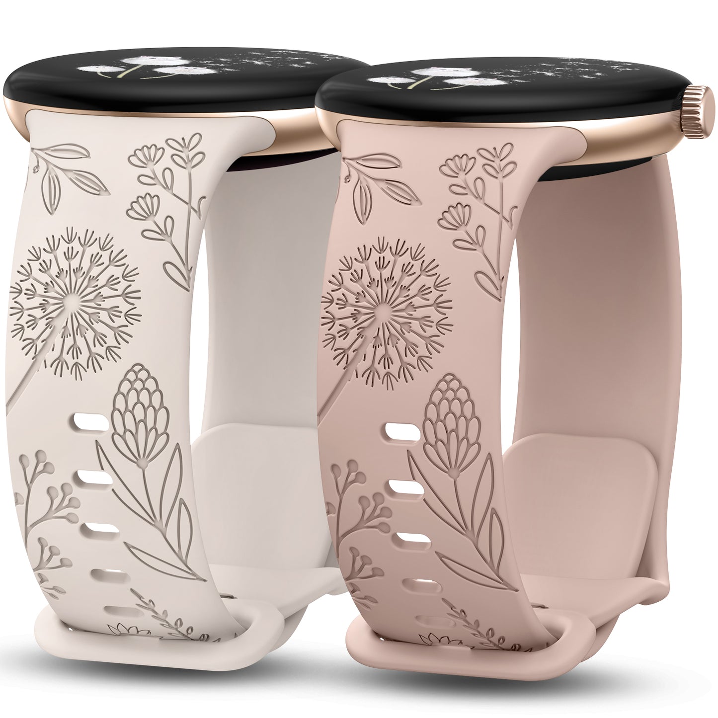 Minyee 2 Packs Floral Engraved Bands Compatible with Google Pixel Watch 3/4, Cute Soft Silicone Flower Sport Fancy Straps for Women