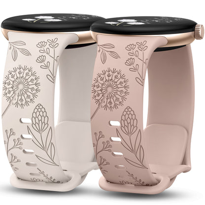 Minyee 2 Packs Floral Engraved Bands Compatible with Google Pixel Watch 3/4, Cute Soft Silicone Flower Sport Fancy Straps for Women