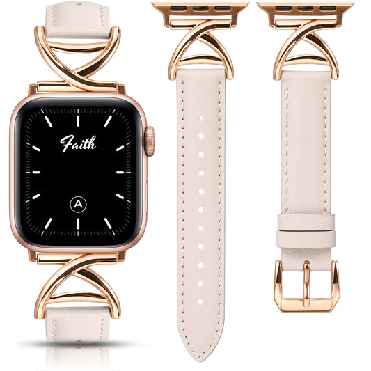 Minyee Leather Band Compatible with Apple Watch Bands 38/40/41/42/44/45/46/49mm Women, Slim Dressy Premium Leather Strap with A-Shape Metal Buckle for iWatch Series 10 9 Ultra SE 8 7 6 5 4 3 2 1