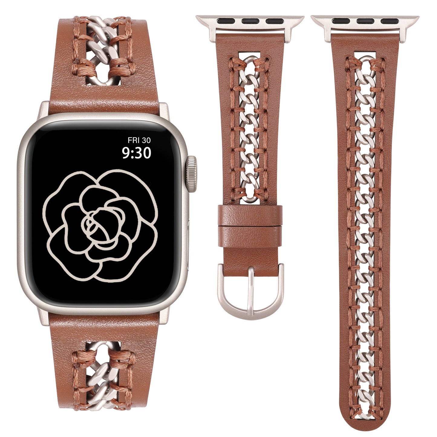 Minyee Leather Band Compatible with Apple Watch Bands 38/40/41/42/44/45/46/49mm Women,Dressy Premium Leather Strap with Stainless Steel Metal Chain for iWatch Ultra 2 Series 10/9/8/7/6/5/4/3/2/1/SE