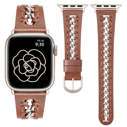 Minyee Leather Band Compatible with Apple Watch Bands 38/40/41/42/44/45/46/49mm Women,Dressy Premium Leather Strap with Stainless Steel Metal Chain for iWatch Ultra 2 Series 10/9/8/7/6/5/4/3/2/1/SE