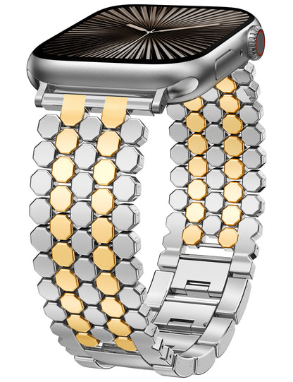 Minyee Compatible with Apple Watch Band 41/40/38/44/45/46/49/42mm Women, Dressy Honeycomb Metal Pretty Strap Designer Gold Silver Link Bracelet Wristband for iWatch Series 10 9 8 7 6 5 4 3 Ultra SE