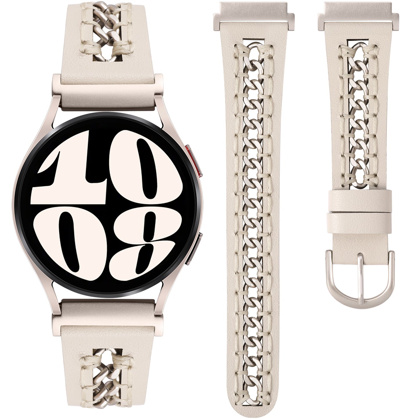 Minyee Leather Band Compatible with Samsung Galaxy Watch 7/6/5/4/FE/Active 2 40mm 44mm/Watch 6 Classic 43/47mm/Watch 5 Pro 45mm Bands, 20mm Dressy Leather Strap with Stainless Steel Metal Chain Women