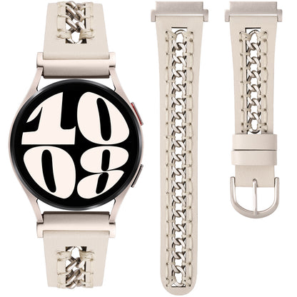 Minyee Leather Band Compatible with Samsung Galaxy Watch 7/6/5/4/FE/Active 2 40mm 44mm/Watch 6 Classic 43/47mm/Watch 5 Pro 45mm Bands, 20mm Dressy Leather Strap with Stainless Steel Metal Chain Women