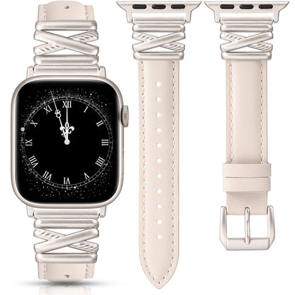 Minyee Leather Bands Compatible with Apple Watch 38/40/41/42/44/45/46/49mm Women, Dressy Slim Premium Leather Strap with Designer X-Shape Metal Buckle for iWatch Series 10 9 Ultra SE 8 7 6 5 4 3 2 1