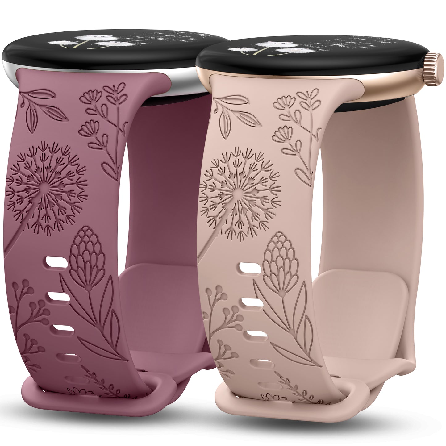 Minyee 2 Packs Floral Engraved Bands Compatible with Google Pixel Watch 3/4, Cute Soft Silicone Flower Sport Fancy Straps for Women