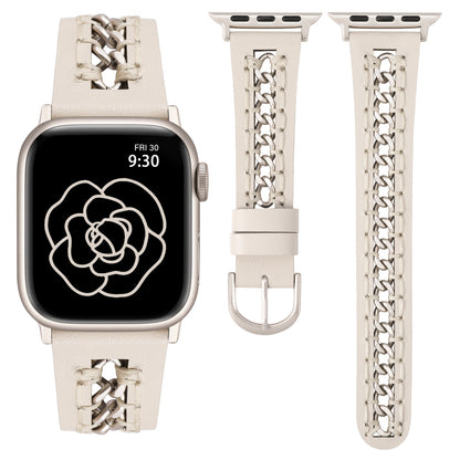 Minyee Leather Band Compatible with Apple Watch Bands 38/40/41/42/44/45/46/49mm Women,Dressy Premium Leather Strap with Stainless Steel Metal Chain for iWatch Ultra 2 Series 10/9/8/7/6/5/4/3/2/1/SE