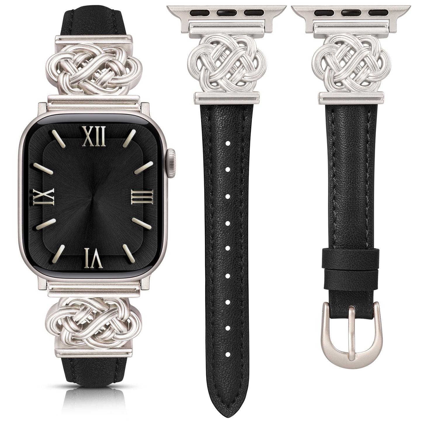 Minyee Celtic Knot Leather Band Compatible with Apple Watch Band 42/46/41/40/38/44/45/49mm Women, Dressy Slim Thin Premium Leather Adjustable Strap for iWatch Series 10 9 Ultra SE 8 7 6 5 4 3 2 1