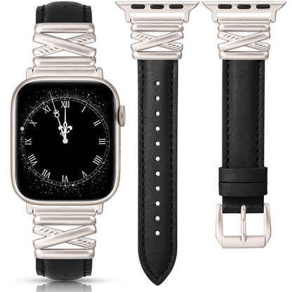 Minyee Leather Bands Compatible with Apple Watch 38/40/41/42/44/45/46/49mm Women, Dressy Slim Premium Leather Strap with Designer X-Shape Metal Buckle for iWatch Series 10 9 Ultra SE 8 7 6 5 4 3 2 1