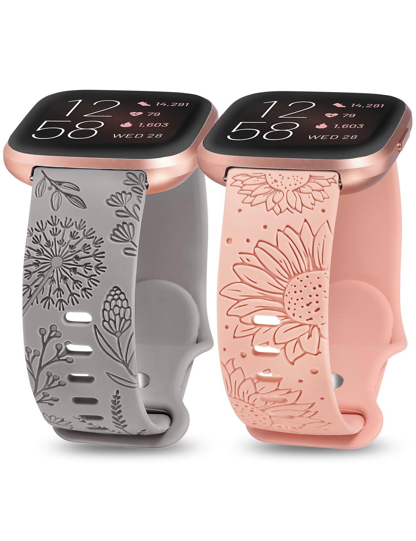 Minyee 2 Packs Floral Engraved Band Compatible with Fitbit Versa 2/Fitbit Versa/Versa Lite Bands Women, Cute Soft Silicone Sunflower Dandelion Sport Designer Fancy Summer Strap for Versa 2 Smart Watch