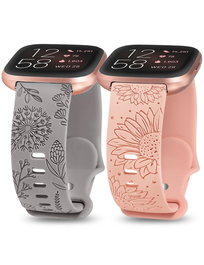 Minyee 2 Packs Floral Engraved Band Compatible with Fitbit Versa 2/Fitbit Versa/Versa Lite Bands Women, Cute Soft Silicone Sunflower Dandelion Sport Designer Fancy Summer Strap for Versa 2 Smart Watch