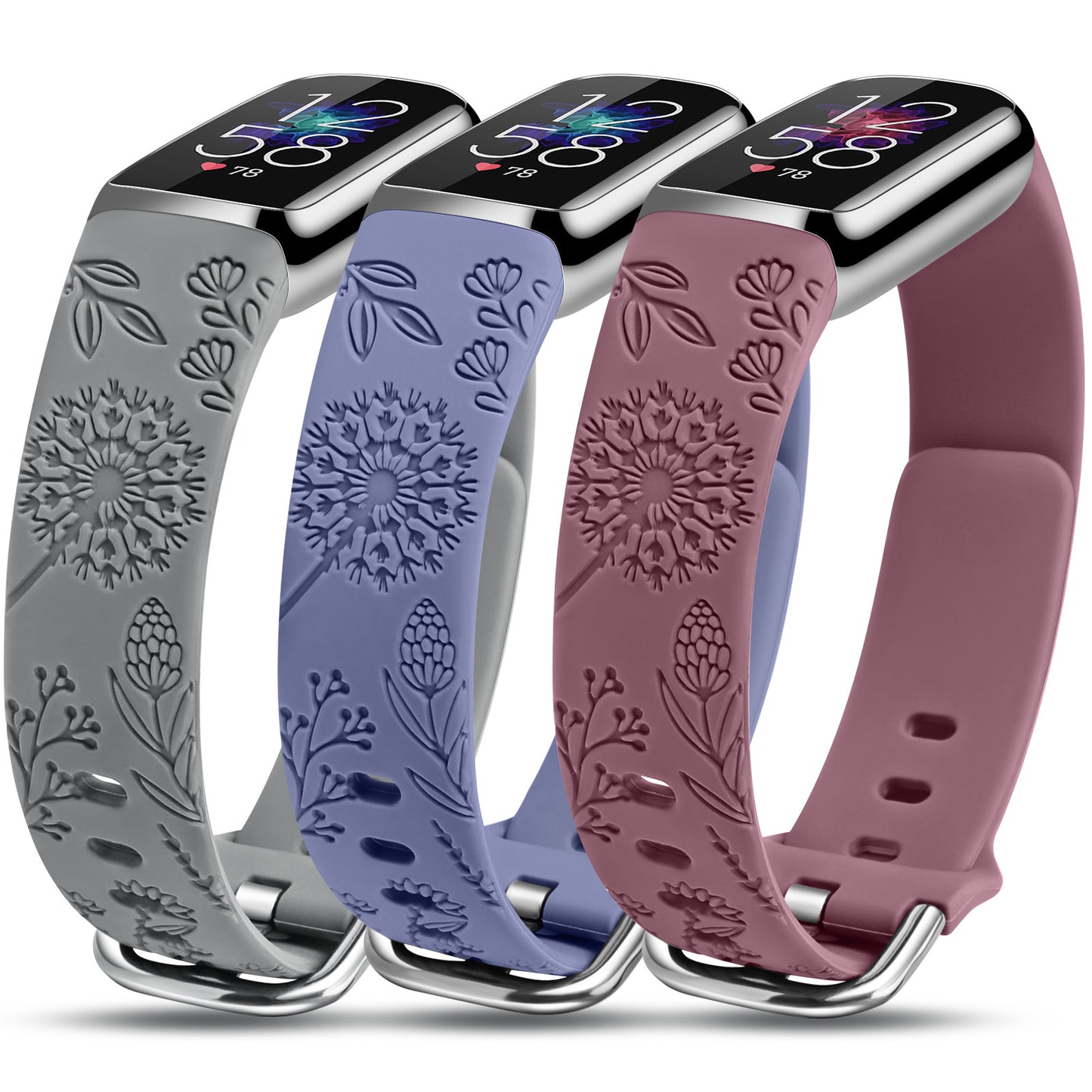 Minyee 3 Packs Compatible with Fitbit Luxe Bands for Women Soft Silicone Floral Engraved Sport Strap Dandelion Wristband Replacement for Fitbit Luxe Watch Bands/Luxe Special Edition Fitness Tracker