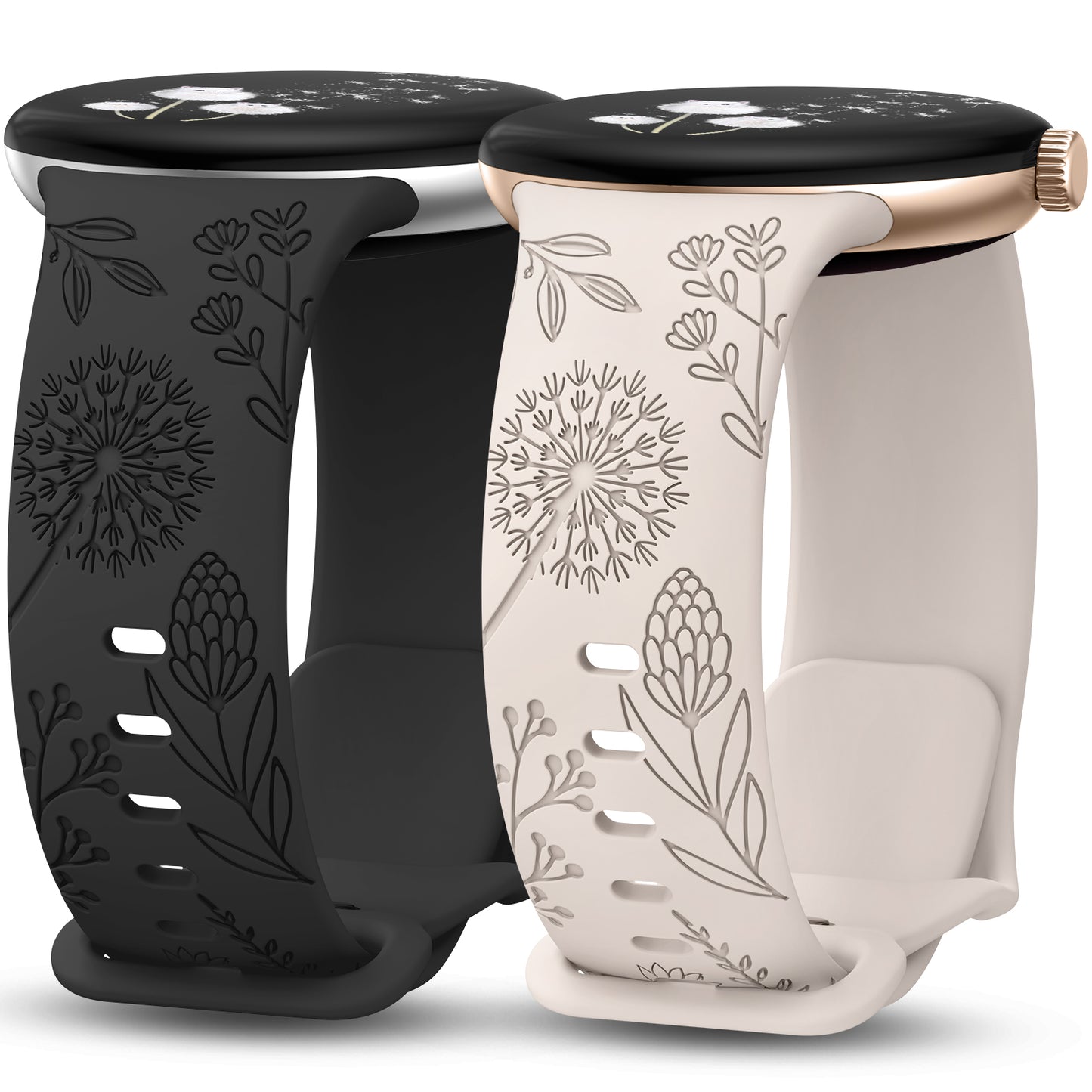 Minyee 2 Packs Floral Engraved Bands Compatible with Google Pixel Watch 3/4, Cute Soft Silicone Flower Sport Fancy Straps for Women