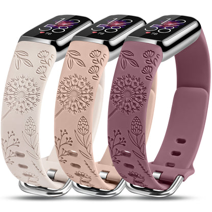 Minyee 3 Packs Compatible with Fitbit Luxe Bands for Women Soft Silicone Floral Engraved Sport Strap Dandelion Wristband Replacement for Fitbit Luxe Watch Bands/Luxe Special Edition Fitness Tracker