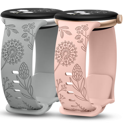 Minyee 2 Packs Floral Engraved Bands Compatible with Google Pixel Watch 3/4, Cute Soft Silicone Flower Sport Fancy Straps for Women