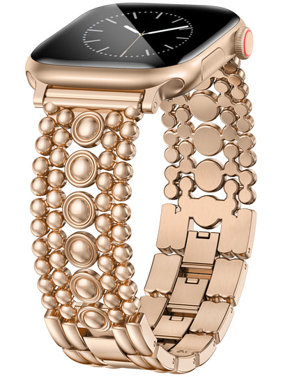 Minyee Compatible with Apple Watch Band 42/41/40/38/44/45/46/49mm Women, Dressy Pretty Stainless Steel Metal Strap Design Adjustable Studded Link Bracelet for iWatch Series 10 9 Ultra SE 8 7 6 5 4 3