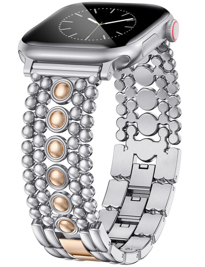 Minyee Compatible with Apple Watch Band 42/41/40/38/44/45/46/49mm Women, Dressy Pretty Stainless Steel Metal Strap Design Adjustable Studded Link Bracelet for iWatch Series 10 9 Ultra SE 8 7 6 5 4 3
